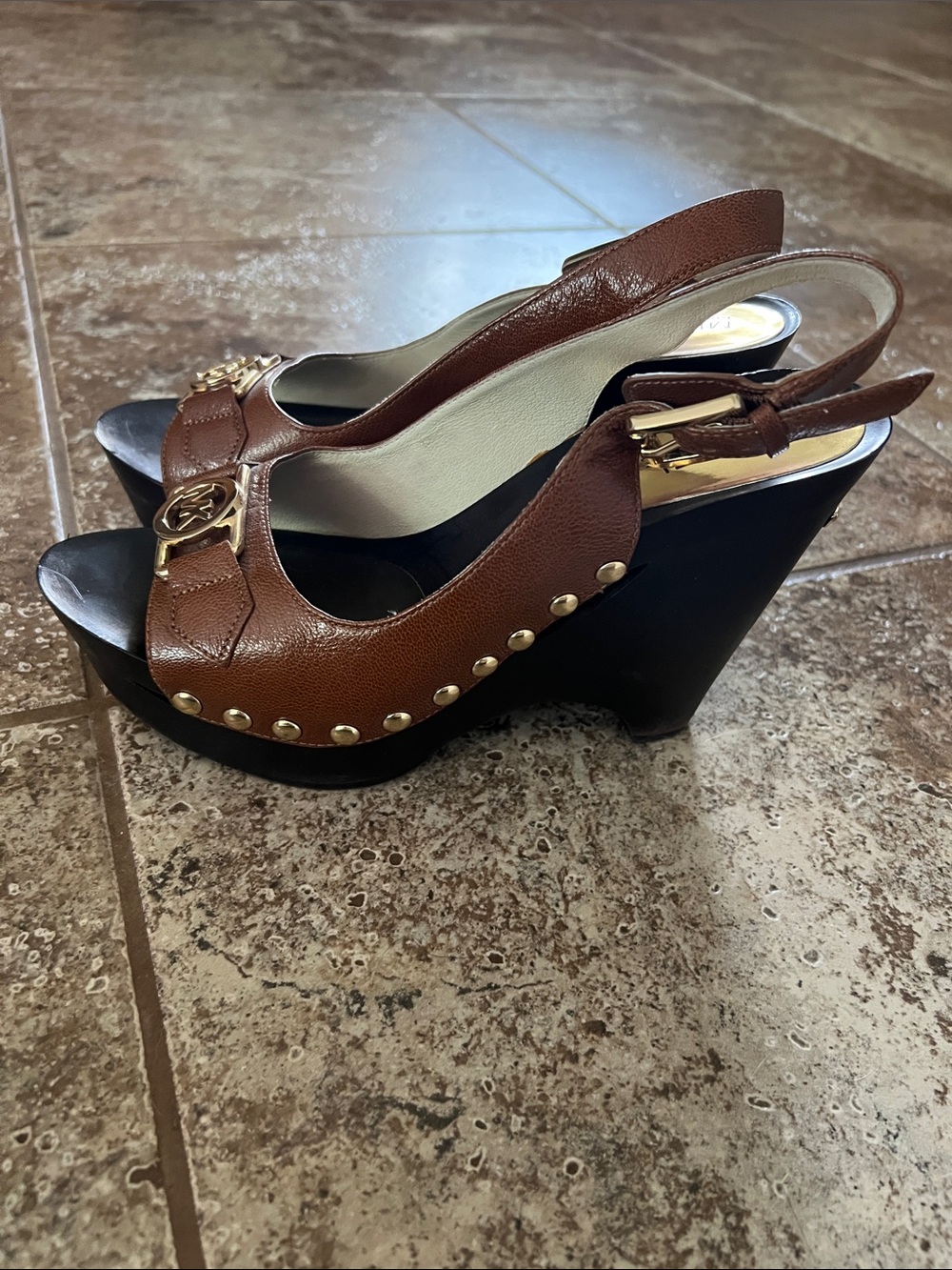 Michael Kors Brown and Cream Leather Platform Wedge Sandals with Gold MK Accent - Picture 3 of 6